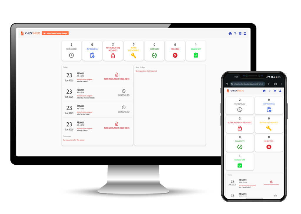 CheckSHEETS Dashboard AIT Online CheckSHEETS Module for AIT Online. Image shows user dashboard as a mobile and as a desktop view.