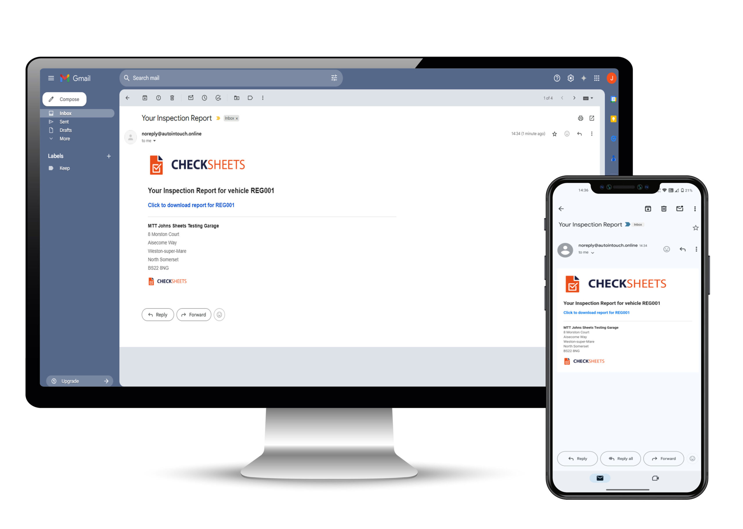 Customer Email Notifications - CheckSHEETS Module for AIT Online. Monitor and Mobile Veiw of customer email being sent from the CheckSHEETS module of AIT Online!