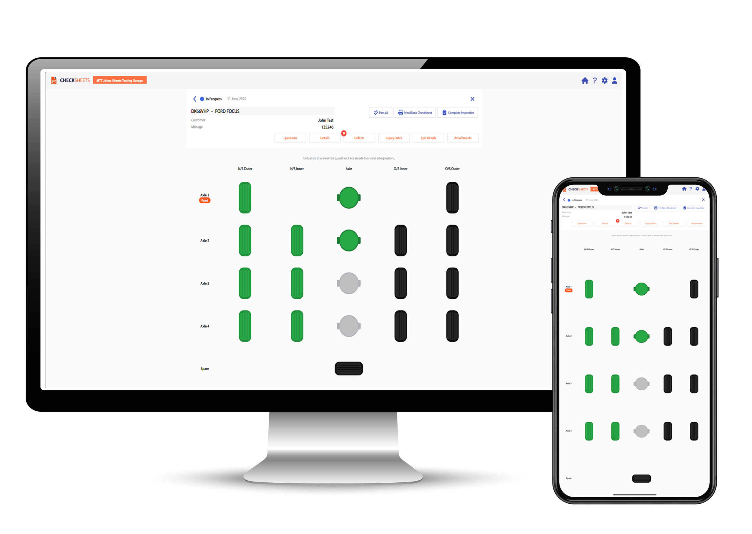 CheckSHEETS Module for AIT Online. Moniter and Mobile view of the Tyre Dashboard built into CheckSHEETS